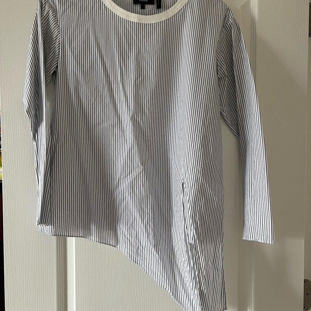 Theory Blue and White Striped Asymmetrical Long Sleeve Top